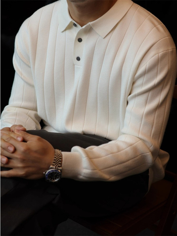 Πλεκτό πόλο πουκάμισο με μακριά μανίκια για άνδρες, ιαπωνικό ρετρό στυλ, χαλαρή γραμμή, μονόχρωμο, διακοσμητικό φερμουάρ