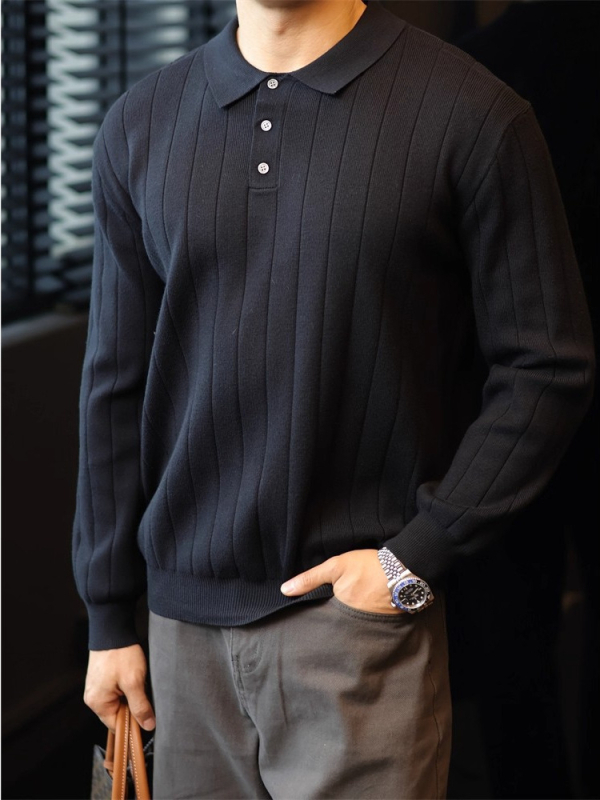 Πλεκτό πόλο πουκάμισο με μακριά μανίκια για άνδρες, ιαπωνικό ρετρό στυλ, χαλαρή γραμμή, μονόχρωμο, διακοσμητικό φερμουάρ