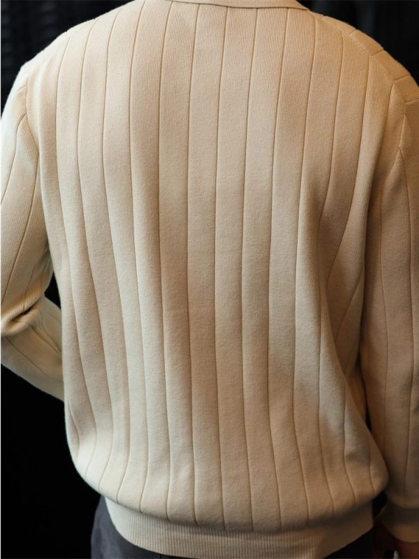 Πλεκτό πόλο πουκάμισο με μακριά μανίκια για άνδρες, ιαπωνικό ρετρό στυλ, χαλαρή γραμμή, μονόχρωμο, διακοσμητικό φερμουάρ