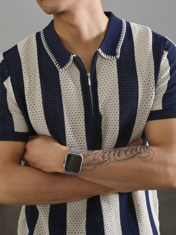 Πόλο πουκάμισο, χαλαρή γραμμή, κοντά μανίκια, ριγέ σχέδιο, διάτρητο σχέδιο, λεπτομέρεια φερμουάρ