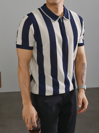 Πόλο πουκάμισο, χαλαρή γραμμή, κοντά μανίκια, ριγέ σχέδιο, διάτρητο σχέδιο, λεπτομέρεια φερμουάρ