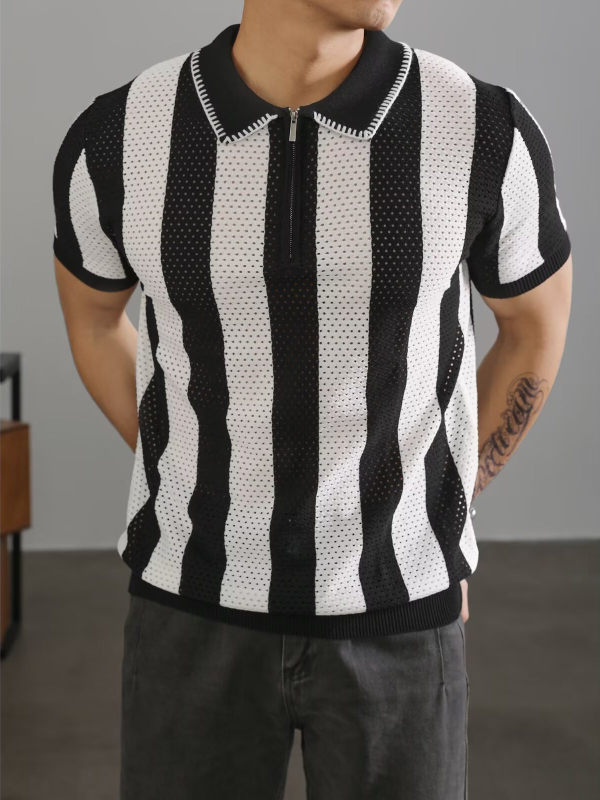 Πόλο πουκάμισο, χαλαρή γραμμή, κοντά μανίκια, ριγέ σχέδιο, διάτρητο σχέδιο, λεπτομέρεια φερμουάρ