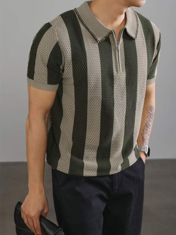 Πόλο πουκάμισο, χαλαρή γραμμή, κοντά μανίκια, ριγέ σχέδιο, διάτρητο σχέδιο, λεπτομέρεια φερμουάρ
