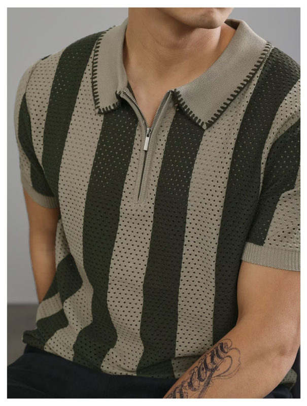 Πόλο πουκάμισο, χαλαρή γραμμή, κοντά μανίκια, ριγέ σχέδιο, διάτρητο σχέδιο, λεπτομέρεια φερμουάρ
