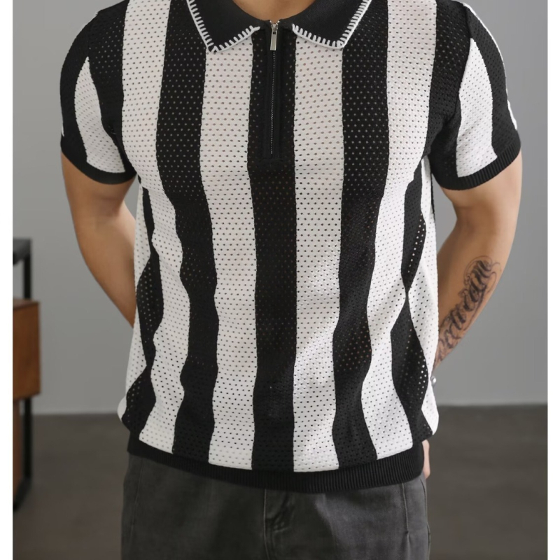 Πόλο πουκάμισο, χαλαρή γραμμή, κοντά μανίκια, ριγέ σχέδιο, διάτρητο σχέδιο, λεπτομέρεια φερμουάρ