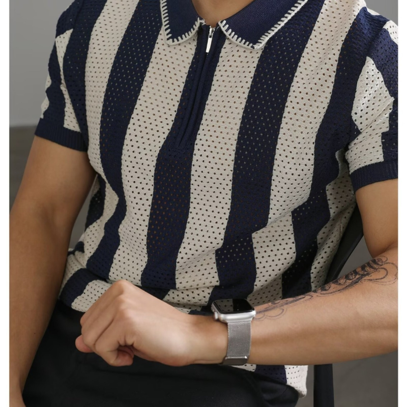 Πόλο πουκάμισο, χαλαρή γραμμή, κοντά μανίκια, ριγέ σχέδιο, διάτρητο σχέδιο, λεπτομέρεια φερμουάρ