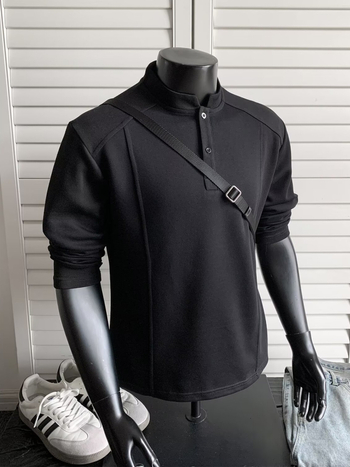 Ανδρικό T-shirt με γιακά Henley, αποσυναρμολογημένος σχεδιασμός, μακριά μανίκια, ύφασμα από μίγμα βαμβακιού, χαλαρή γραμμή