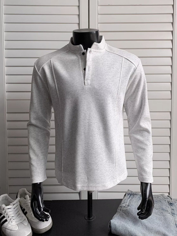 Ανδρικό T-shirt με γιακά Henley, αποσυναρμολογημένος σχεδιασμός, μακριά μανίκια, ύφασμα από μίγμα βαμβακιού, χαλαρή γραμμή