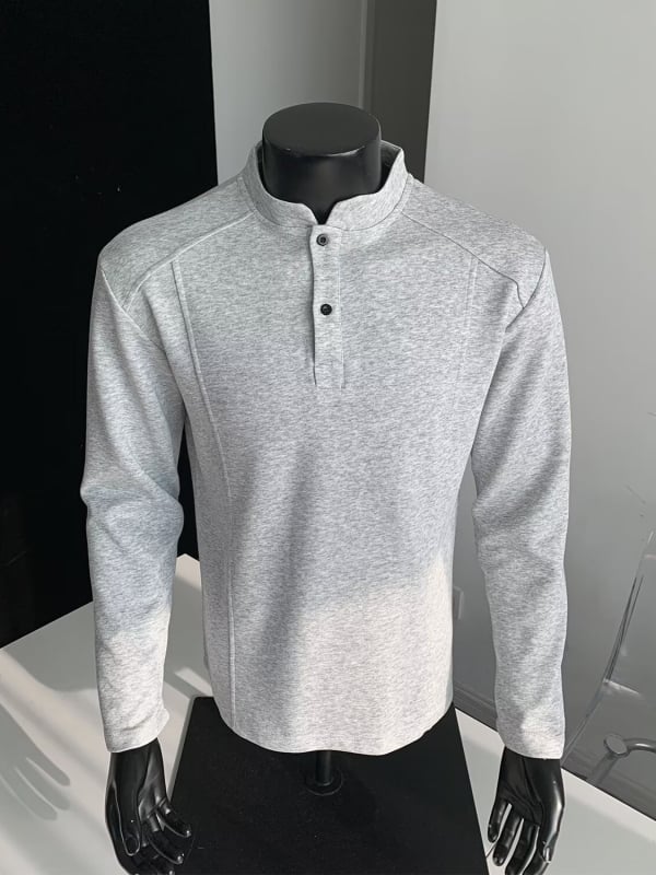 Ανδρικό T-shirt με γιακά Henley, αποσυναρμολογημένος σχεδιασμός, μακριά μανίκια, ύφασμα από μίγμα βαμβακιού, χαλαρή γραμμή