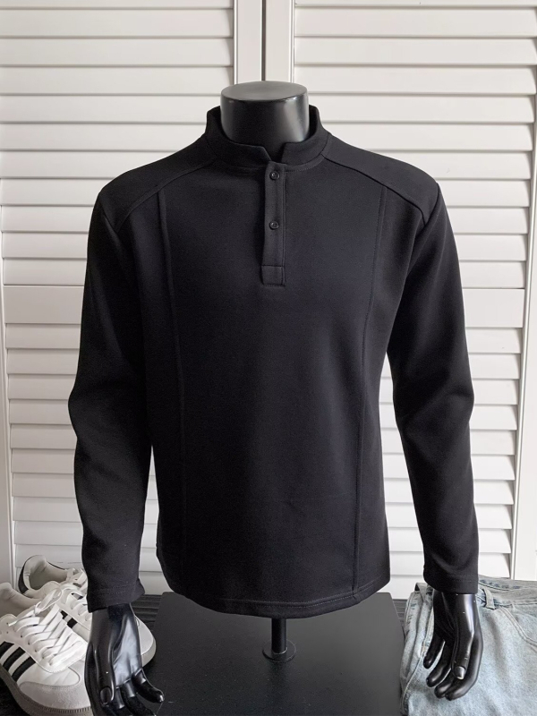 Ανδρικό T-shirt με γιακά Henley, αποσυναρμολογημένος σχεδιασμός, μακριά μανίκια, ύφασμα από μίγμα βαμβακιού, χαλαρή γραμμή