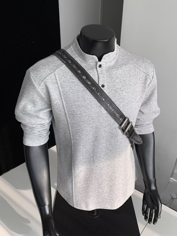 Ανδρικό T-shirt με γιακά Henley, αποσυναρμολογημένος σχεδιασμός, μακριά μανίκια, ύφασμα από μίγμα βαμβακιού, χαλαρή γραμμή