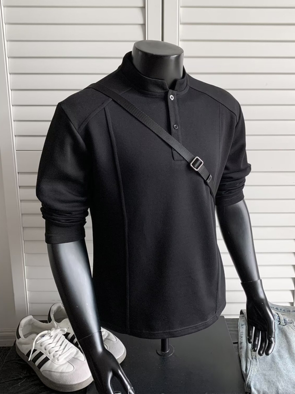 Ανδρικό T-shirt με γιακά Henley, αποσυναρμολογημένος σχεδιασμός, μακριά μανίκια, ύφασμα από μίγμα βαμβακιού, χαλαρή γραμμή