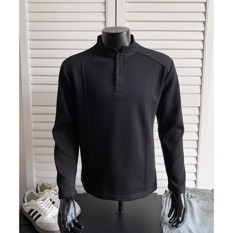 Ανδρικό T-shirt με γιακά Henley, αποσυναρμολογημένος σχεδιασμός, μακριά μανίκια, ύφασμα από μίγμα βαμβακιού, χαλαρή γραμμή