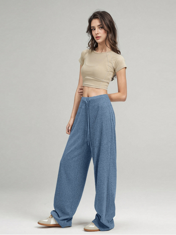 Ženske casual hlače od mješavine rayon-poliester-spandeks, visok pas, duge, opuštenog kroja, ravni kroj