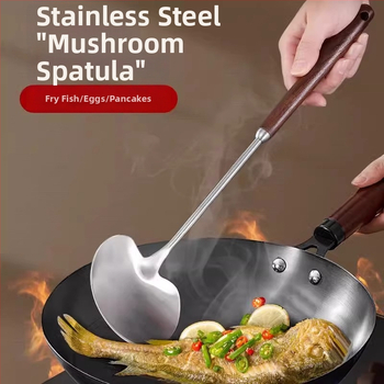 Grybo formos nerūdijančio plieno kepimo mentele; neprilipuojanti, neslydinti, atspari aukštoms temperatūroms, apsauganti nuo nudegimų; rankena iš nerūdijančio plieno