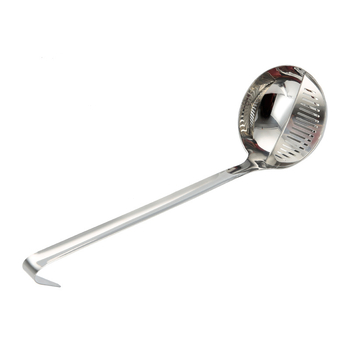 Dvejų funkcijų puodo ir sriubos šaukštas su sieteliu, iš 201 nerūdijančiojo plieno, nelipnus, neslystantis, atspari aukštai temperatūrai, lazerinis logotipas, individualizuojamas