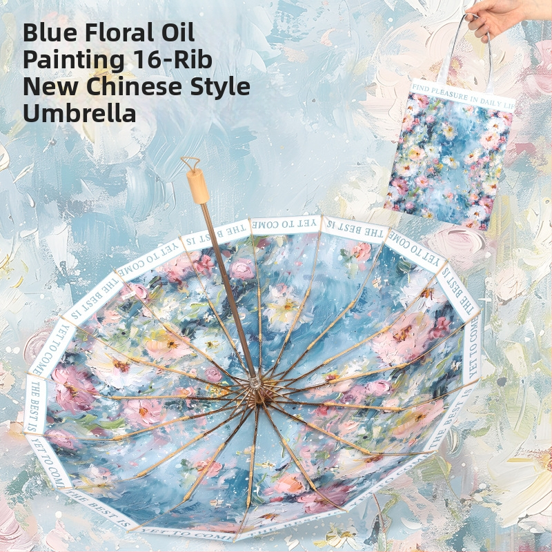 16-dielny posilnený čínsky štýl dáždnik na slnko a dažď pre ženy, UV ochrana >50, skladací, hliníkové lúče