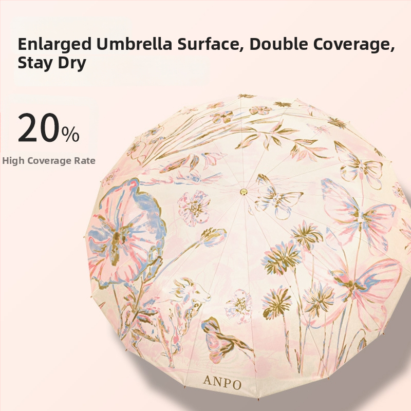 16-dielny posilnený čínsky štýl dáždnik na slnko a dažď pre ženy, UV ochrana >50, skladací, hliníkové lúče