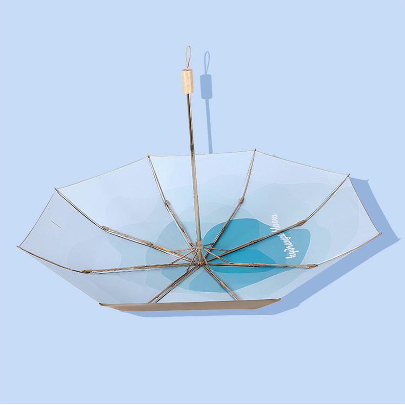 Trys dalimis skėtis nuo saulės su UV apsauga UPF50+, 8 spinduliai, aliuminio kotas, medinė rankena, 210T audinys