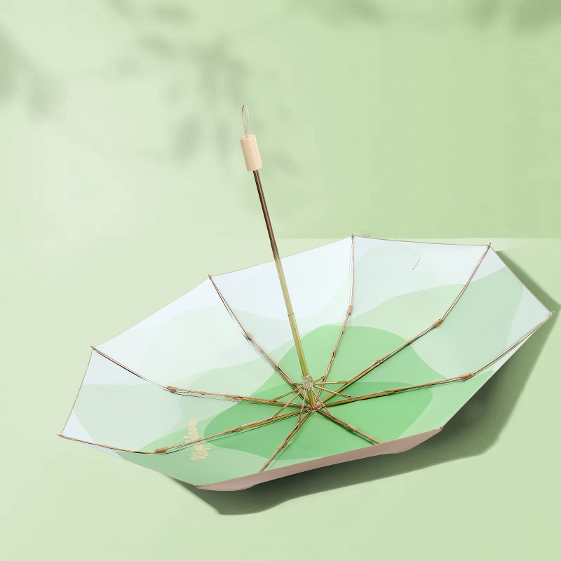 Trys dalimis skėtis nuo saulės su UV apsauga UPF50+, 8 spinduliai, aliuminio kotas, medinė rankena, 210T audinys