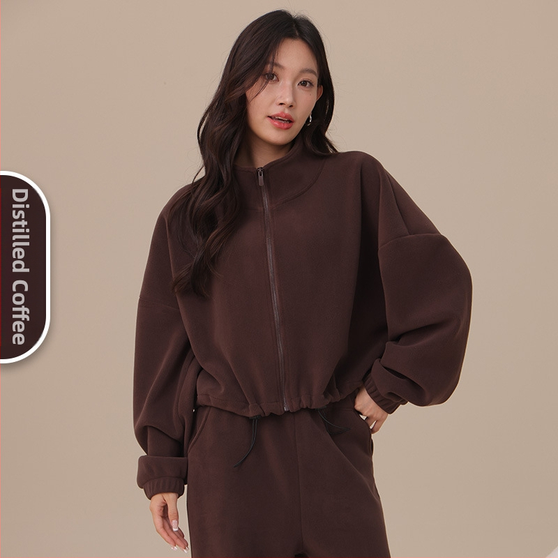 Naistele fliisvooderiga pusa stand-up krae, lukuga, paks polüester-elastaan kangas