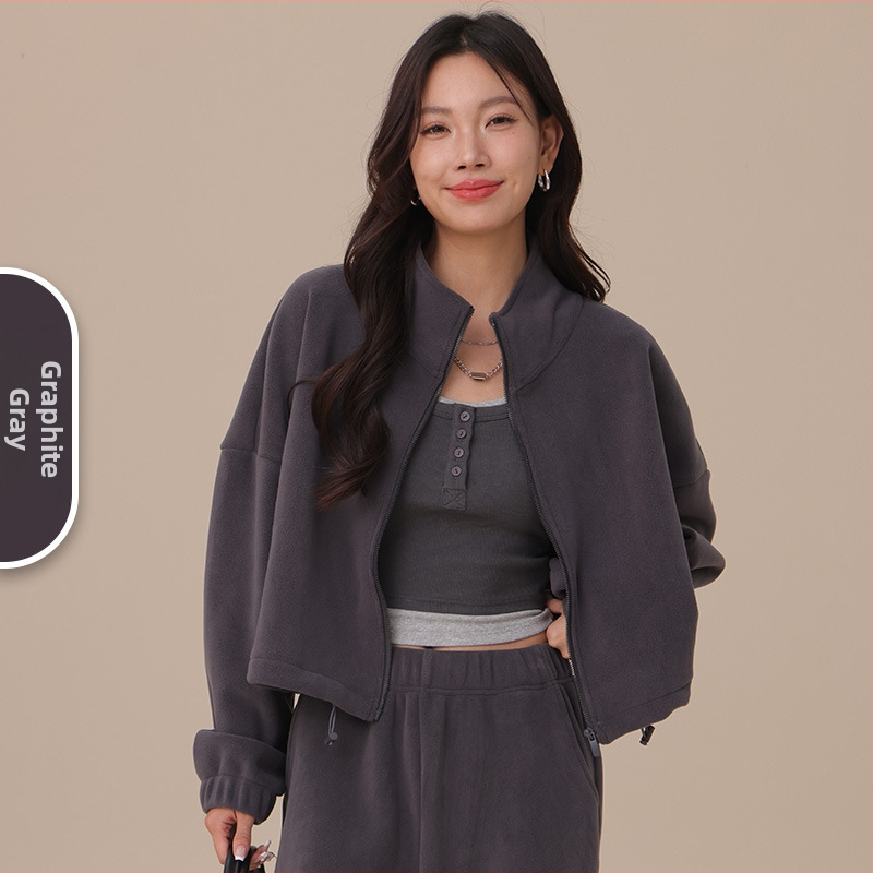 Naistele fliisvooderiga pusa stand-up krae, lukuga, paks polüester-elastaan kangas