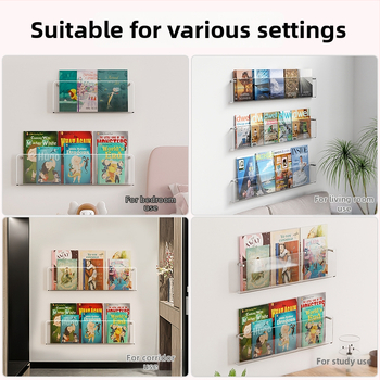 Sieninė knygų lentyna iš skaidraus akrilo, be gręžimo, reguliuojamos lentynos