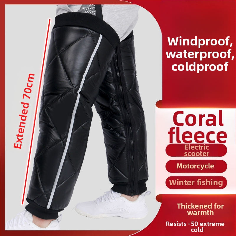 Šilti kelių pagalvėlės elektriniam motociklui su vėjo atsparia blauzdos apsauga ir kojos užtrauktuku; medžiaga: koralinis pūkas; suaugusiems; tinkama dviračiams, žiemos sportui ir žygiams