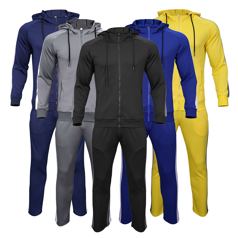 Vyrų rudens-žiemos sportinis kostiumas bėgimui su ilgomis rankovėmis ir gobtuvu, greitai džiūstantis poliesterio-elastano mišinys, storas audinys