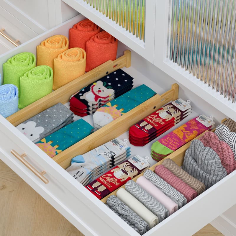 Бамбукови разделители за чекмеджета, 4 слоя, винтово монтиране, организатор за съхранение в спалнята (Материал: Бамбук; Брой слоеве: 4; Монтаж: Винтово монтиране; Приложение: Спалня)