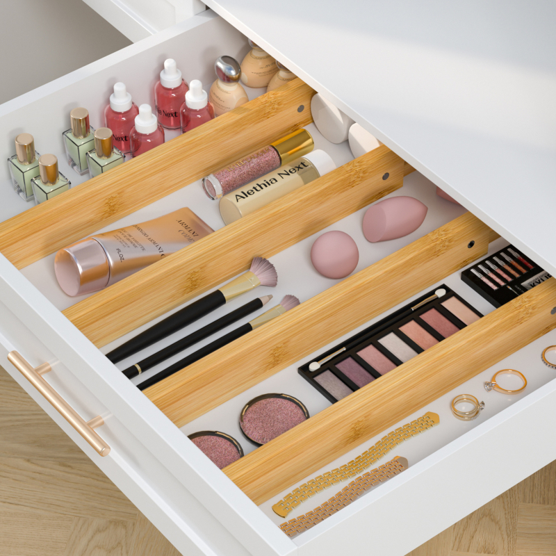 Бамбукови разделители за чекмеджета, 4 слоя, винтово монтиране, организатор за съхранение в спалнята (Материал: Бамбук; Брой слоеве: 4; Монтаж: Винтово монтиране; Приложение: Спалня)