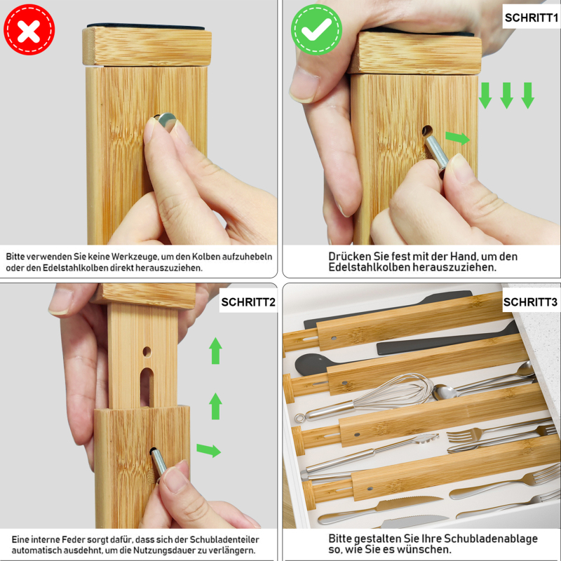 Бамбукови разделители за чекмеджета, 4 слоя, винтово монтиране, организатор за съхранение в спалнята (Материал: Бамбук; Брой слоеве: 4; Монтаж: Винтово монтиране; Приложение: Спалня)