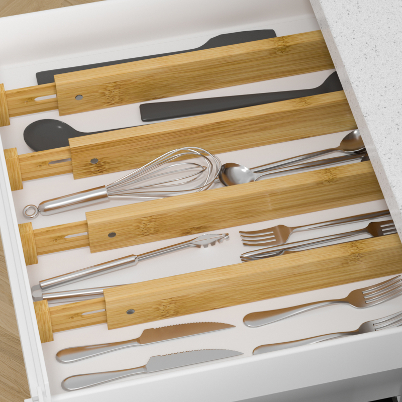 Бамбукови разделители за чекмеджета, 4 слоя, винтово монтиране, организатор за съхранение в спалнята (Материал: Бамбук; Брой слоеве: 4; Монтаж: Винтово монтиране; Приложение: Спалня)