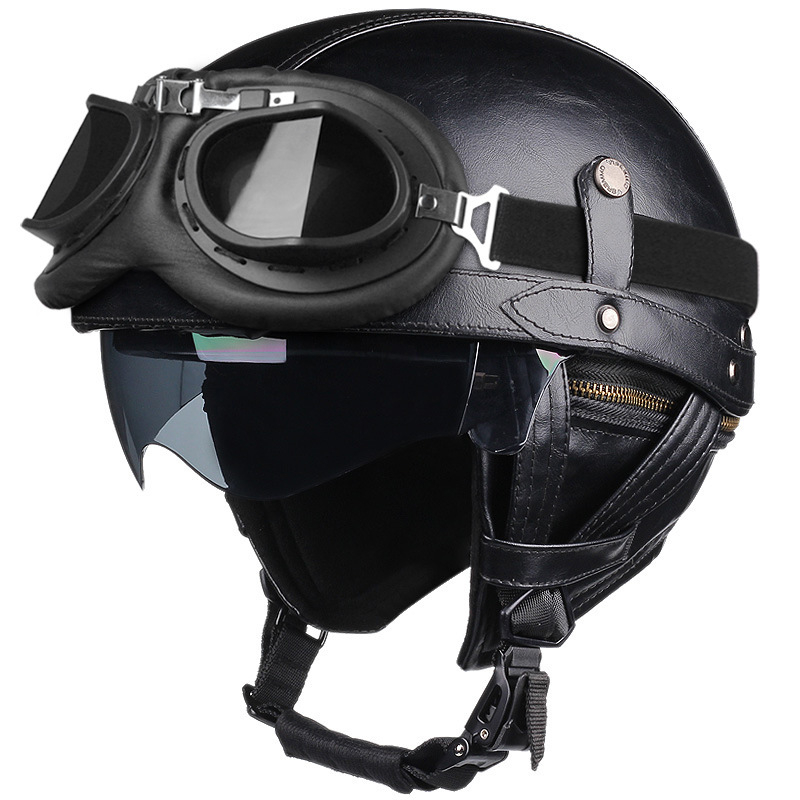 HEROBIKER ABS motocikla ķivere - Unisex pieaugušajiem, pusķivere ar aizsargbrillēm, retro Harley stils