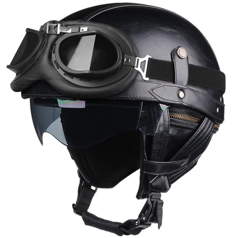 HEROBIKER ABS motocikla ķivere - Unisex pieaugušajiem, pusķivere ar aizsargbrillēm, retro Harley stils