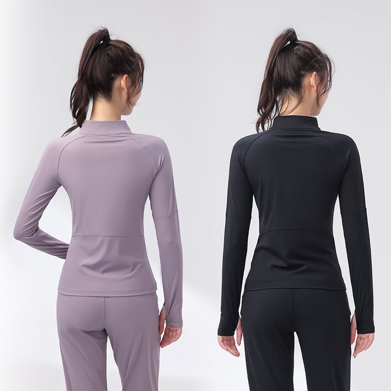 Ženski fitness top - slim-fit, brzo se suši, topao, najlon s podstavom od spandeksa, jednobojni model za jesen/zimu