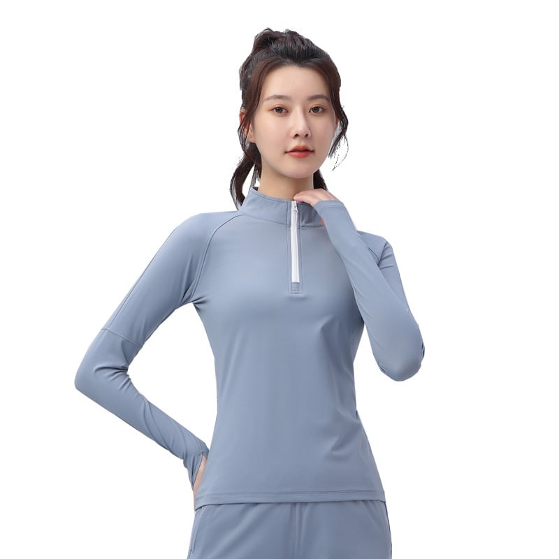 Ženski fitness top - slim-fit, brzo se suši, topao, najlon s podstavom od spandeksa, jednobojni model za jesen/zimu