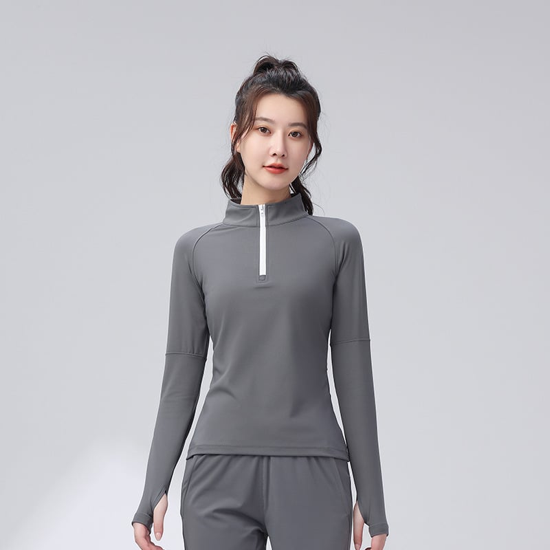 Ženski fitness top - slim-fit, brzo se suši, topao, najlon s podstavom od spandeksa, jednobojni model za jesen/zimu
