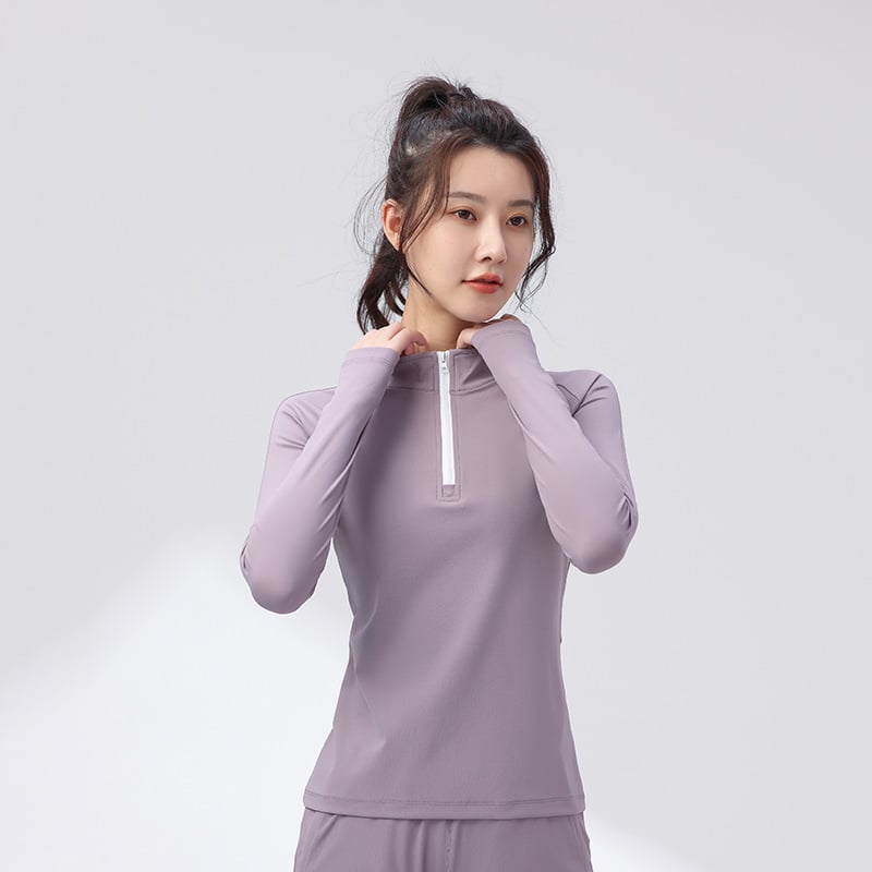 Ženski fitness top - slim-fit, brzo se suši, topao, najlon s podstavom od spandeksa, jednobojni model za jesen/zimu