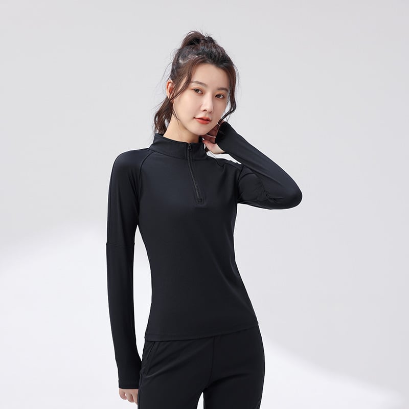 Ženski fitness top - slim-fit, brzo se suši, topao, najlon s podstavom od spandeksa, jednobojni model za jesen/zimu
