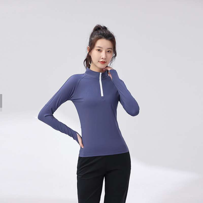 Ženski fitness top - slim-fit, brzo se suši, topao, najlon s podstavom od spandeksa, jednobojni model za jesen/zimu