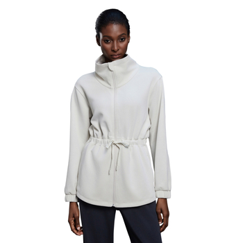 Moteriška sportinė vidutinio ilgio striukė su stoviu kaklu ir juosmens raišteliu, be pamušalo, rudens sezonui