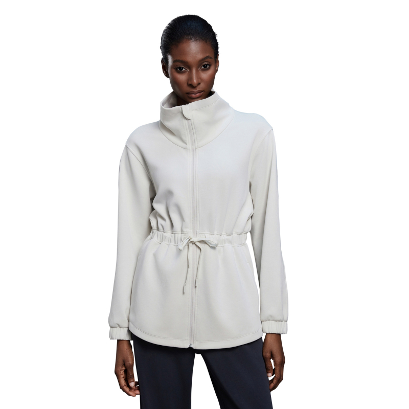 Moteriška sportinė vidutinio ilgio striukė su stoviu kaklu ir juosmens raišteliu, be pamušalo, rudens sezonui