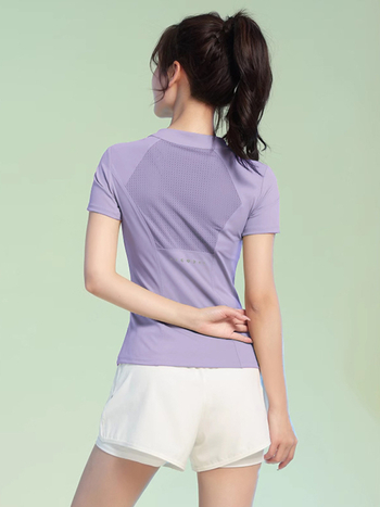 Moterų vasaros sportinis komplektas: trumpomis rankovėmis tenisui ir bėgimui, greitai džiūstantis, siaura kirpimo, stovinti apykaklė, poliesterio/elastano pluoštas 93,3%/6,7%