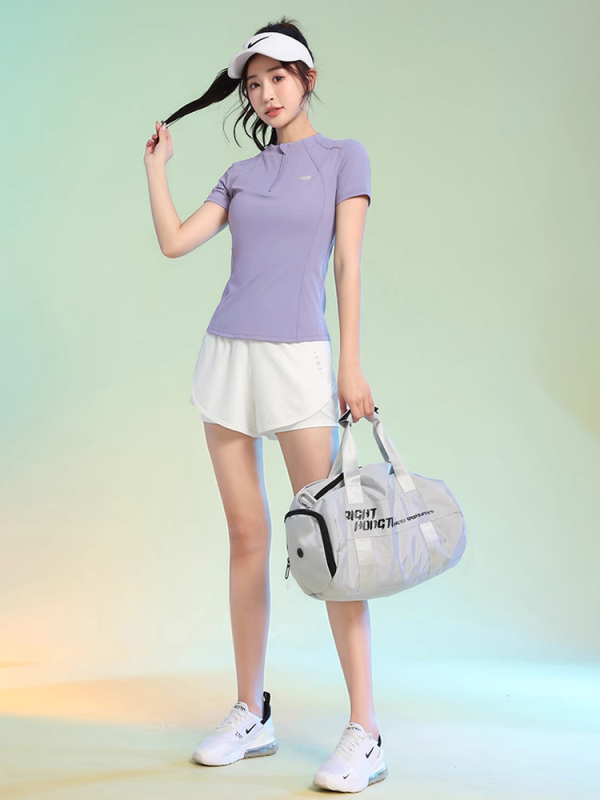Moterų vasaros sportinis komplektas: trumpomis rankovėmis tenisui ir bėgimui, greitai džiūstantis, siaura kirpimo, stovinti apykaklė, poliesterio/elastano pluoštas 93,3%/6,7%
