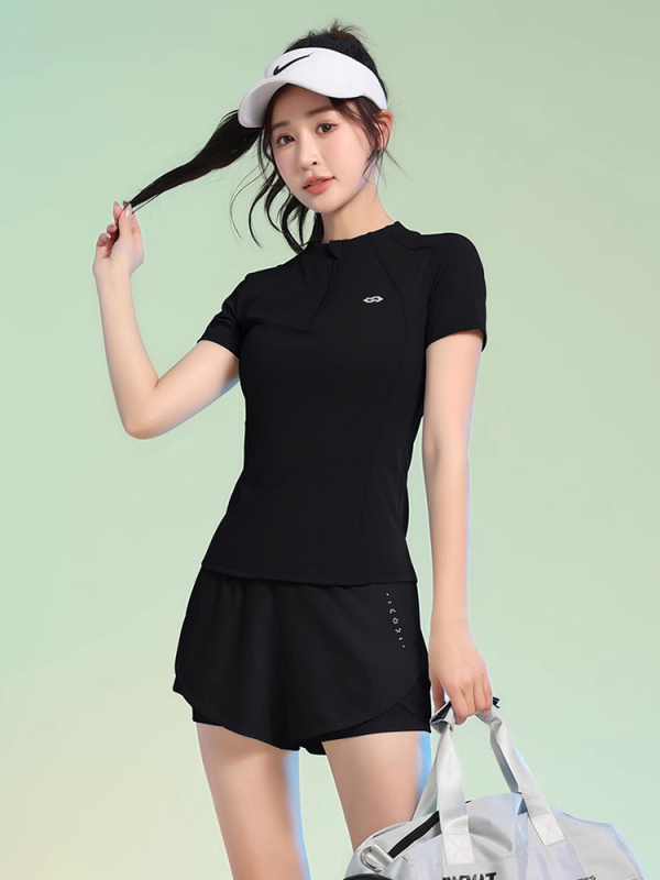 Moterų vasaros sportinis komplektas: trumpomis rankovėmis tenisui ir bėgimui, greitai džiūstantis, siaura kirpimo, stovinti apykaklė, poliesterio/elastano pluoštas 93,3%/6,7%
