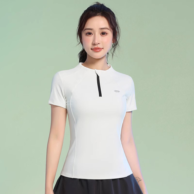 Moterų vasaros sportinis komplektas: trumpomis rankovėmis tenisui ir bėgimui, greitai džiūstantis, siaura kirpimo, stovinti apykaklė, poliesterio/elastano pluoštas 93,3%/6,7%