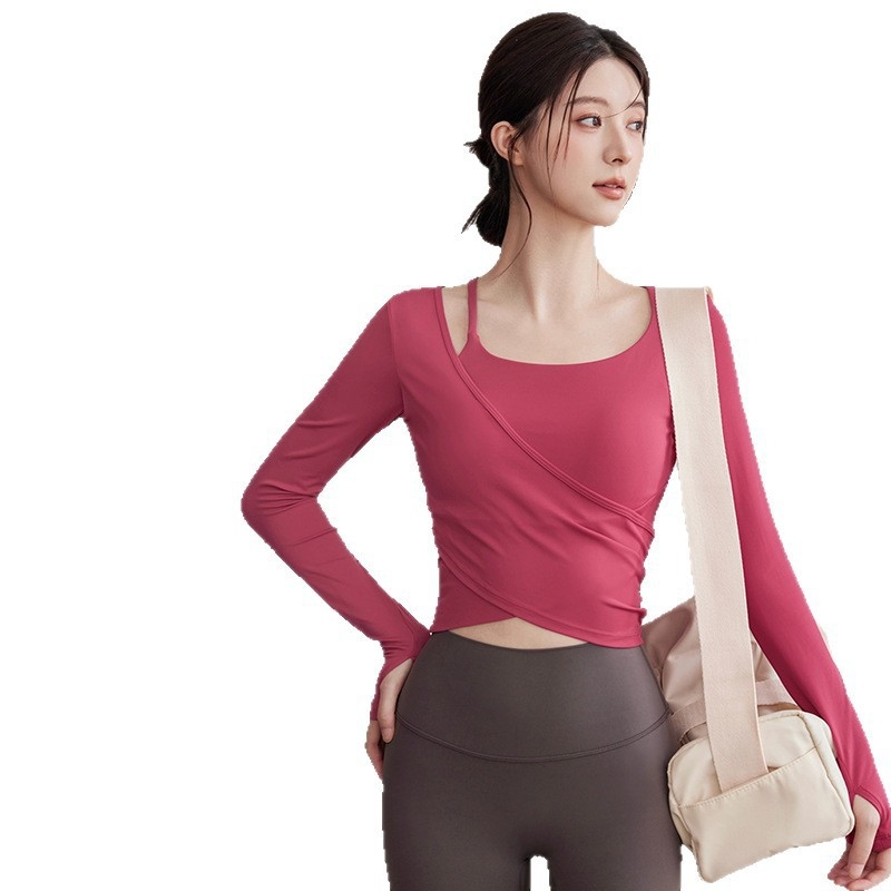 Ženski yoga top s ugrađenom podstavom za grudnjak, uski kroj, dugi rukav, duljina do struka, materijal: najlon 76% + spandeks 24%, za Pilates i fitness