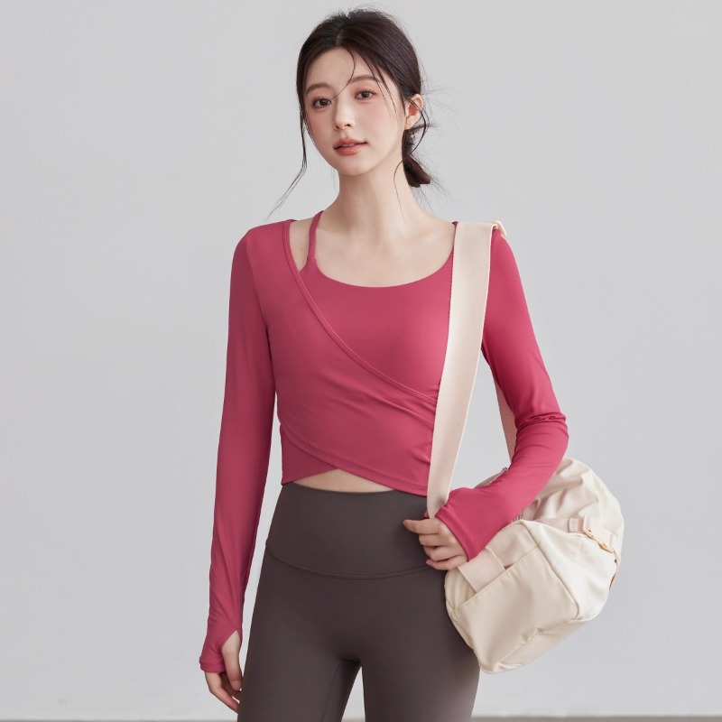 Ženski yoga top s ugrađenom podstavom za grudnjak, uski kroj, dugi rukav, duljina do struka, materijal: najlon 76% + spandeks 24%, za Pilates i fitness