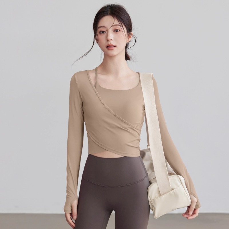 Ženski yoga top s ugrađenom podstavom za grudnjak, uski kroj, dugi rukav, duljina do struka, materijal: najlon 76% + spandeks 24%, za Pilates i fitness